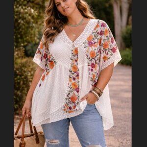 Calessa 3X White Embroidered‎ Lace Overlay Blouse Floral Boho Plus Size Chic Top